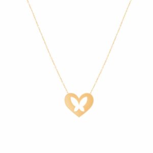 18 carat gold necklace for women, heart and butterfly model